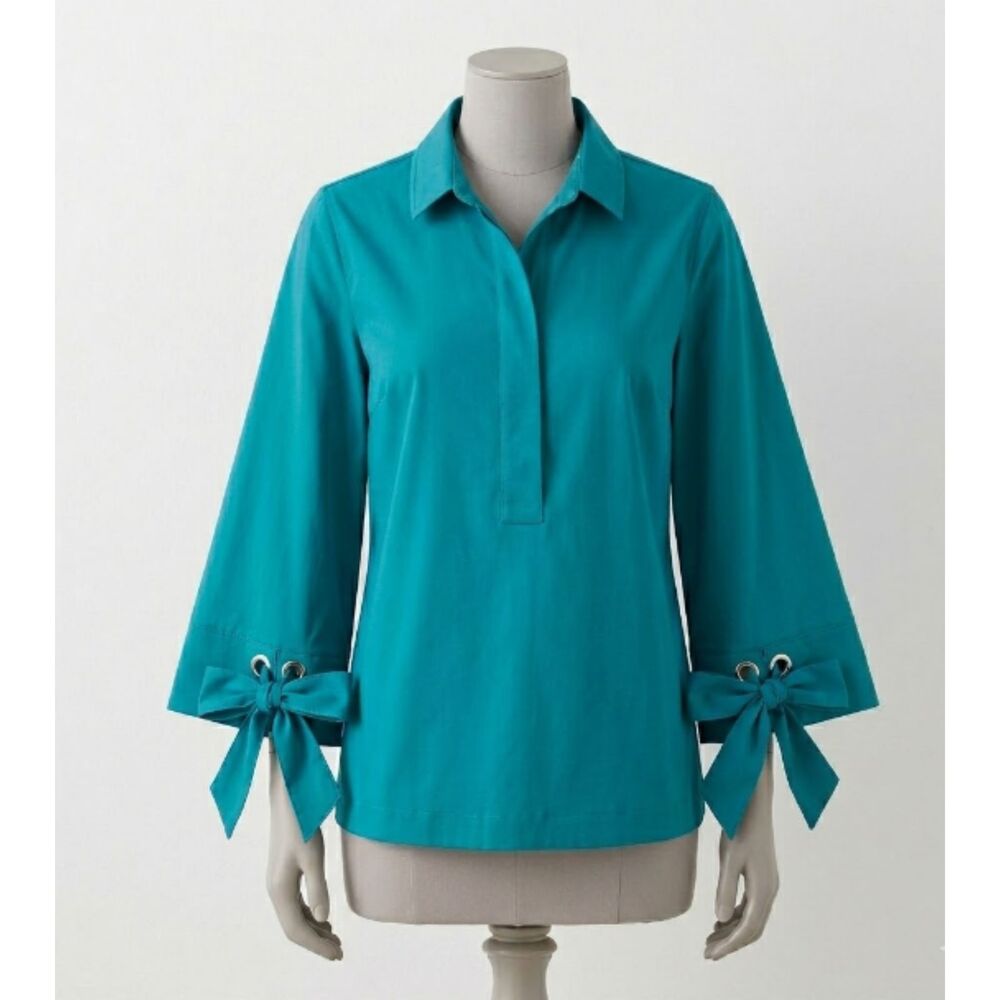 Chico's Teal Professional Blouse with Grommet Bow Detail 3/4 Sleeve Top Size 3